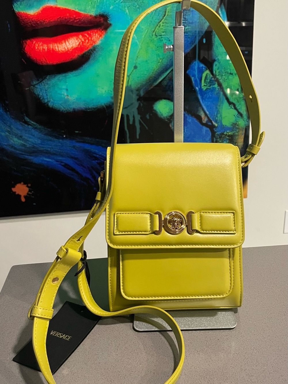 Versace Yellow-Green Leather Crossbody Bag with Medusa Accent